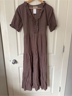 Little Cottonwood 100% Linen Dusty Mauve Midi Dress Size L Lined Tie Back Pocket